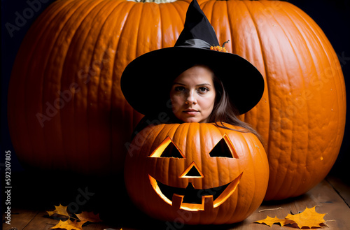 Halloween witch with pumpkins. Generative ai photo