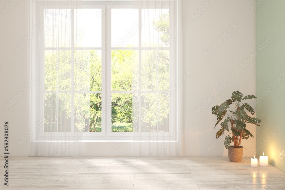 Fototapeta premium White empty room with summer landscape in window. Scandinavian interior design. 3D illustration