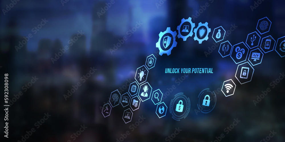 Internet, business, Technology and network concept. Cyber security data protection business technology privacy concept. 3d illustration. Unlock your potential Internet, business, Technology and network concept. Cyber security data protection business technology privacy concept. 3d illustration. Unlock your potential