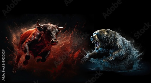 bull and bear Battle for the economy war, concept of stock market . Created with generative AI technology © neosiam