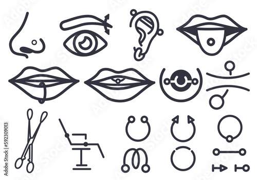 piercing icon set, earring elements, piercing and tattoo, piercing shop and body modification