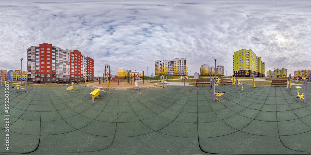 Equrectangular Grid Outside 360 hdri panorama view outdoor exercise equipment gym among modern ...