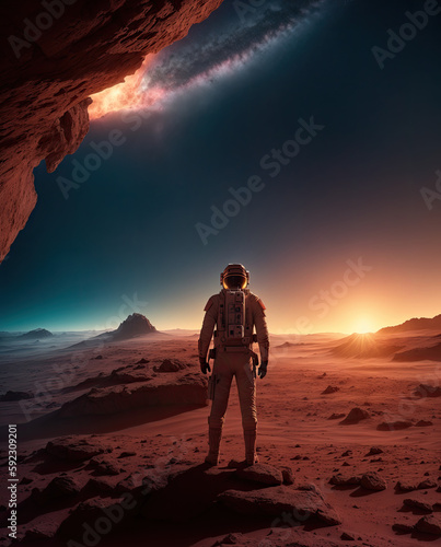 A Stunning CGI Render of an Astronaut Standing on Mars, Gazing at the Moon and the Stars in the Milky Way Reflected on a Lake, Perfect for Inspiring Adventure and Discovery in the Future of Space Trav