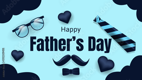 happy father's day background with glasses, necktie, and mustache on blue background. suitable for greeting card, banner, poster, etc. vector illustration