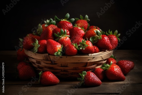 Strawberries in wicker basket on dark wooden background. Generative AI