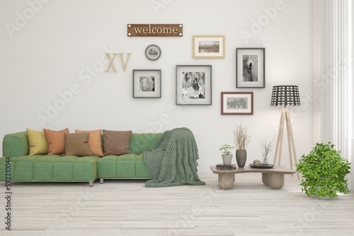 White scandinavian interior design with sofa. 3D illustration