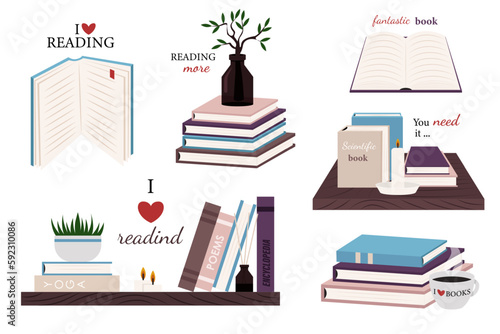 Reading emblems. Bookstore, library icon. Science literature, dictionary. Study books pile. Studies symbol.