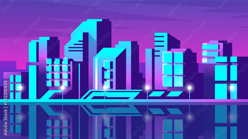 Shining neon cyberpunk metropolis. Horizontal illustration of urban view on pink sky background.