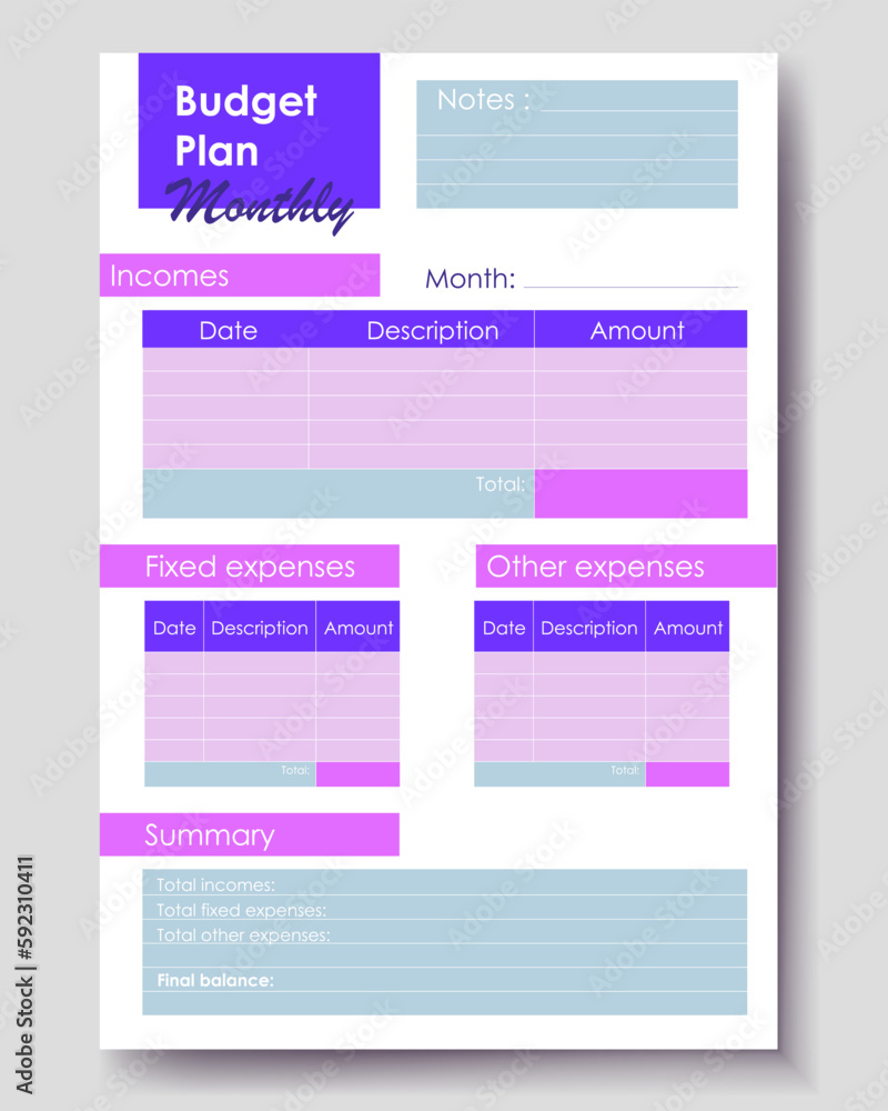 Vector planner pages templates. Budget planner template. Daily, weekly, monthly, project, budjet and meal planners. Vector illustration