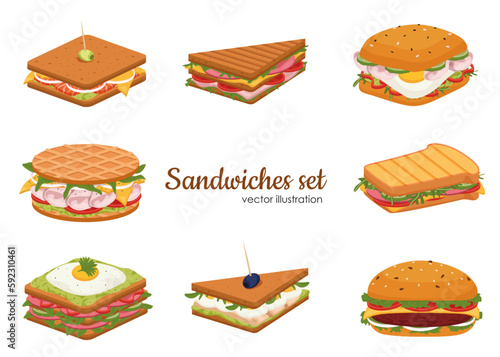 Set of delicious juicy sandwiches filled with vegetables, cheese, meat, bacon. Crispy toast, croissant and bun sandwiches vector set. Tasty snack for lunch or breakfast with fresh ingredients