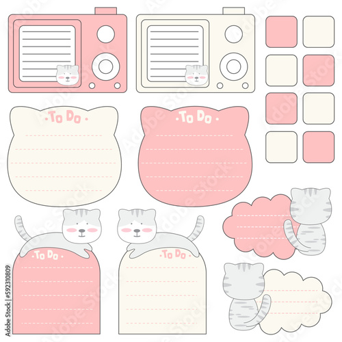 Cute blank paper notes. Stationery organizer set. Scrapbook notes and memo schedule.Printable planner stickers. To Do List sticky note pad. Digital planning element. Vector illustration.