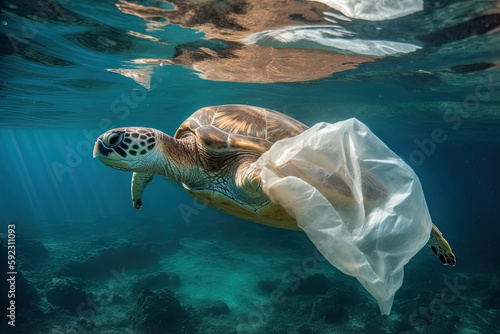 An Ocean of Sadness: The Plastic Bag Strangling a Sea Turtle Symbolizes Global Eco Crisis and Extinction: Generative AI
