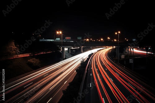 Long Exposure at Night: Capturing the Unseen Motion of Red Cars Down the Highway: Generative AI