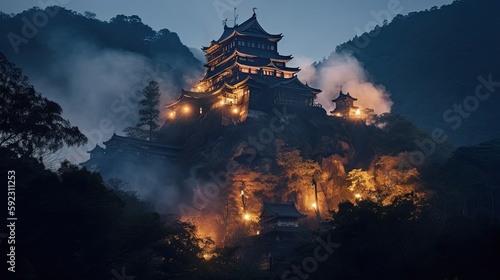 Silhouette of Samurai on a Mediaeval Battlefield at Dusk - Burning Japan Castle Engulfed in Smoke and Fire. Generative AI