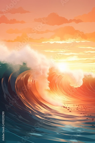 Vibrant Sunrise on the Ocean with Swelling Waves: Surfing into a Sea of Colour, Generative AI