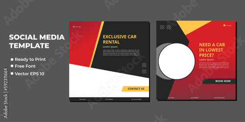 Set of editable square banner template. Car rental banner with black and red color background. Flat design vector with photo collage. Usable for social media, story and web internet ads.