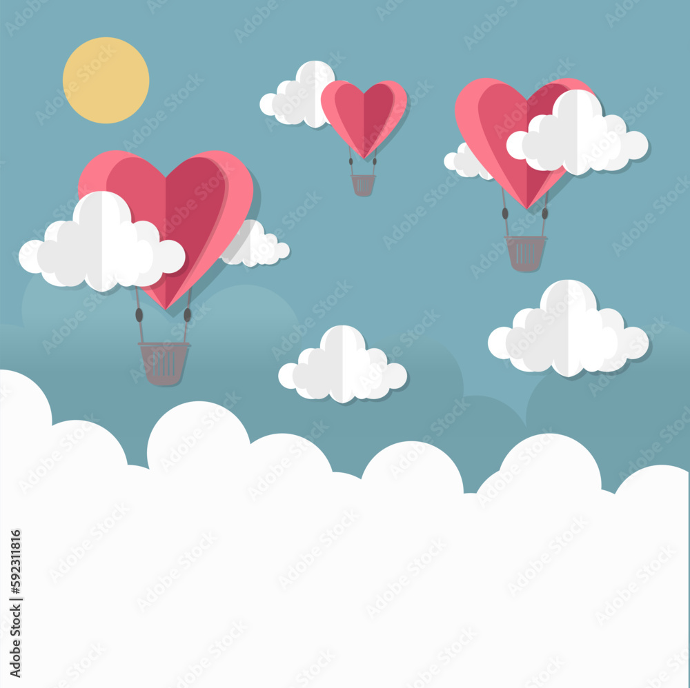 Paper art of heart balloon flying in the sky. Valentine's day concept. vector  illustration - Vector