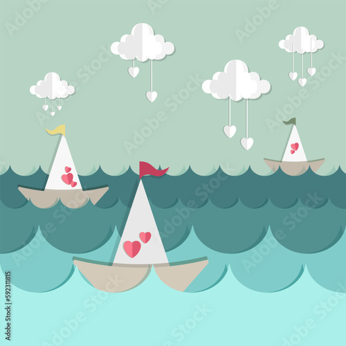 Paper art of heart, boat, sea. Valentine's day concept. vector illustration - Vector