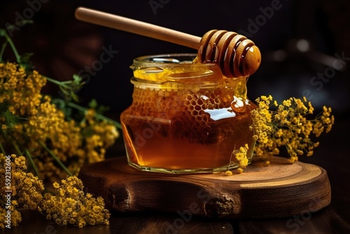 a honey jar with a wooden honey dipper and some flowers and also a beehive