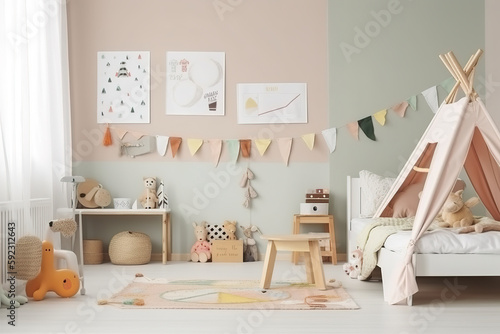 Modern eco-friendly kids room with wooden accents, colorful toys, and a poster mockup in Scandinavian style. Generative AI