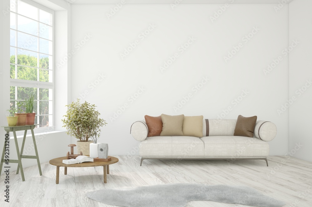 Fototapeta premium Bright interior design with modern furniture and summer landscape in window. 3D illustration