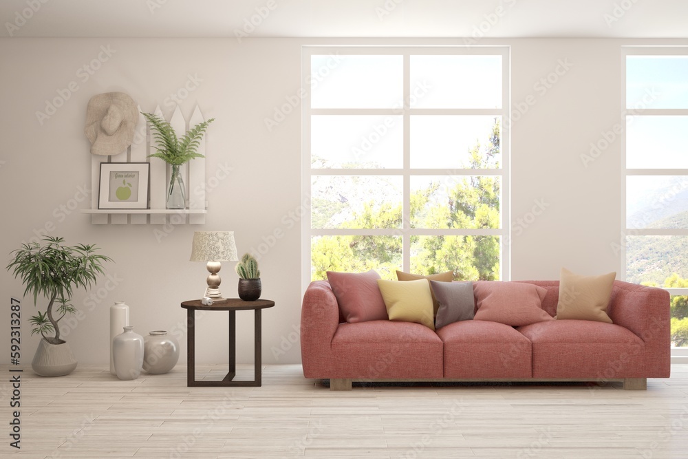 Bright interior design with modern furniture and summer landscape in window. 3D illustration Bright interior design with modern furniture and summer landscape in window. 3D illustration