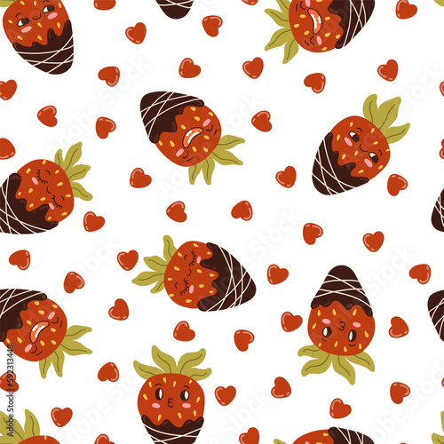 Cartoon strawberry fruit mascot, emoji expressions vector seamless pattern. Funny face food character emoticon chocolate dessert texture.