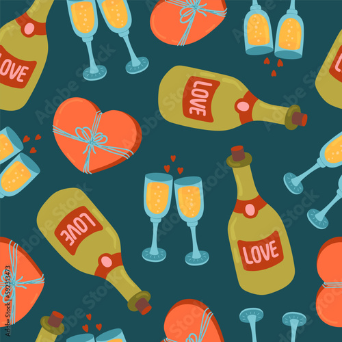 Bottle of wine or champagne, Two clinking glasses, Heart shaped candy box of chocolates for valentine's day vector seamless pattern. Celebration Cheers and toast texture