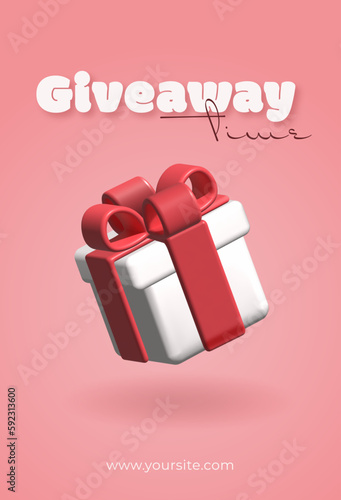Pink 3d inflated giveaway promotion vector banner. 3d gift box.
