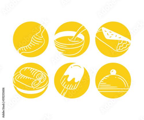 sketch tacos, food dish, paprika, and ice cream in yellow buttons