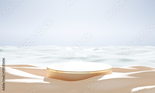 3D podium for product display in nature sea beach background in The Summer. 3D render illustration