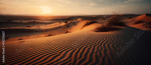 The golden hour sunset illuminates the serene beach landscape with realistic sand grains and dunes at a low angle  Created with generative Ai Technology.