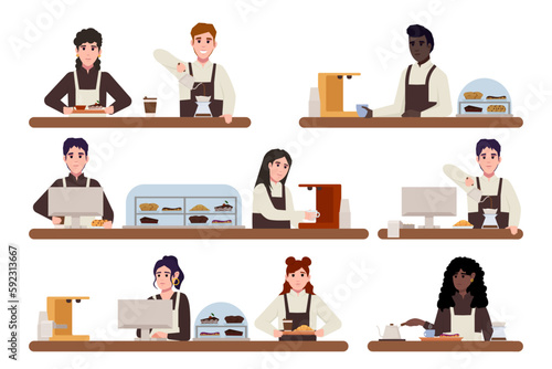 Group of cafe workers. Barista in apron making Coffee, cappuccino, pouring milk to coffee. Cafe bar background. hand drawn style