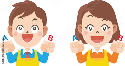 Fototapeta Naklejka Na Ścianę i Meble -  Cartoon boy and girl decision between right or left, yes or no, Chose hand A and B,, Thinking  surrounded, Vector illustrator