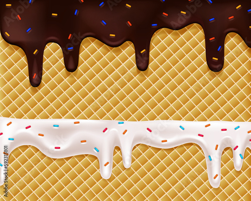 Realistic drip cream drops melt drops with sprinkles. Melted white sweet liquid splashes, glossy cream border with dripping droplets. Seamless pattern. 3d realistic vector