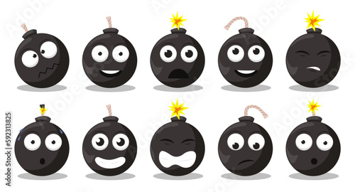 Cartoon bomb emotions set. Doodle explosive round weapon mascot with funny cartoon faces and expressions.