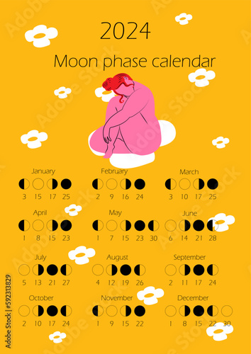 Moon phases calendar 2024 with Naked woman body in bright color. Abstract female silhouette. Waning gibbous, Waxing crescent, New moon, Full moon with dates.