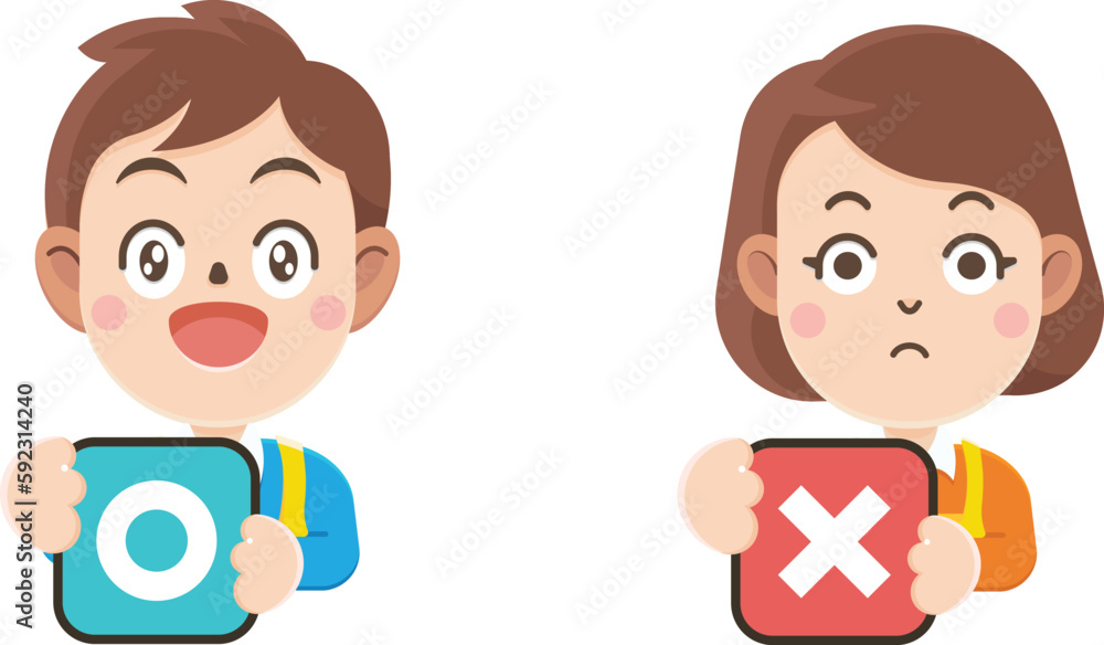 Cartoon boy and girl action, yes or no, Chose hand, Thinking surrounded, decision Cartoon boy and girl action, yes or no, Chose hand, Thinking surrounded, decision