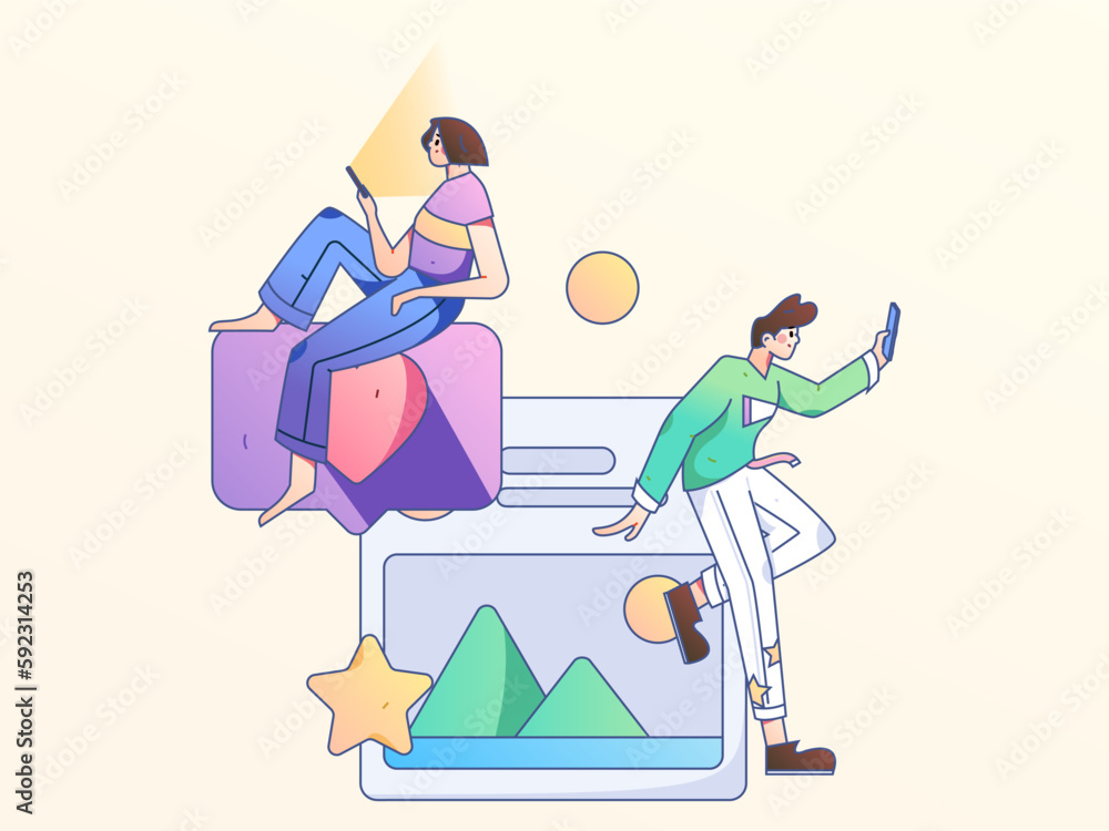 Fototapeta premium Virtual characters social communication concept business flat vector hand drawn illustration 