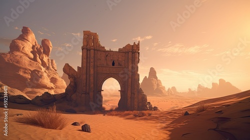 Ancient City Gate Ruins Offers a Scenic Desert Landscape: Digital Artwork Background. Generative AI