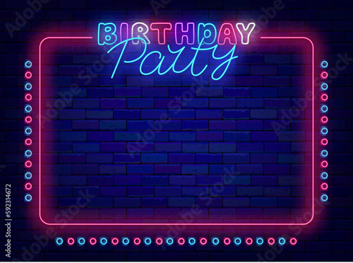 Birthday party neon frame. Colorful advertising. Pink vintage frame with circles. Vector stock illustration