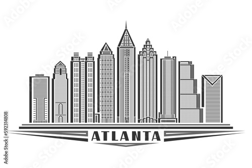 Vector illustration of Atlanta  monochrome horizontal card with linear design atlanta city scape  american urban line art concept with decorative lettering for black text atlanta on white background