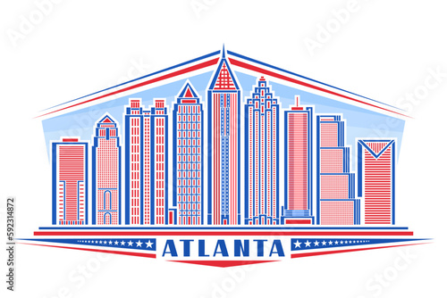 Vector illustration of Atlanta, horizontal badge with linear design famous georgian atlanta city scape on day sky background, red urban line art concept with decorative lettering for blue text atlanta