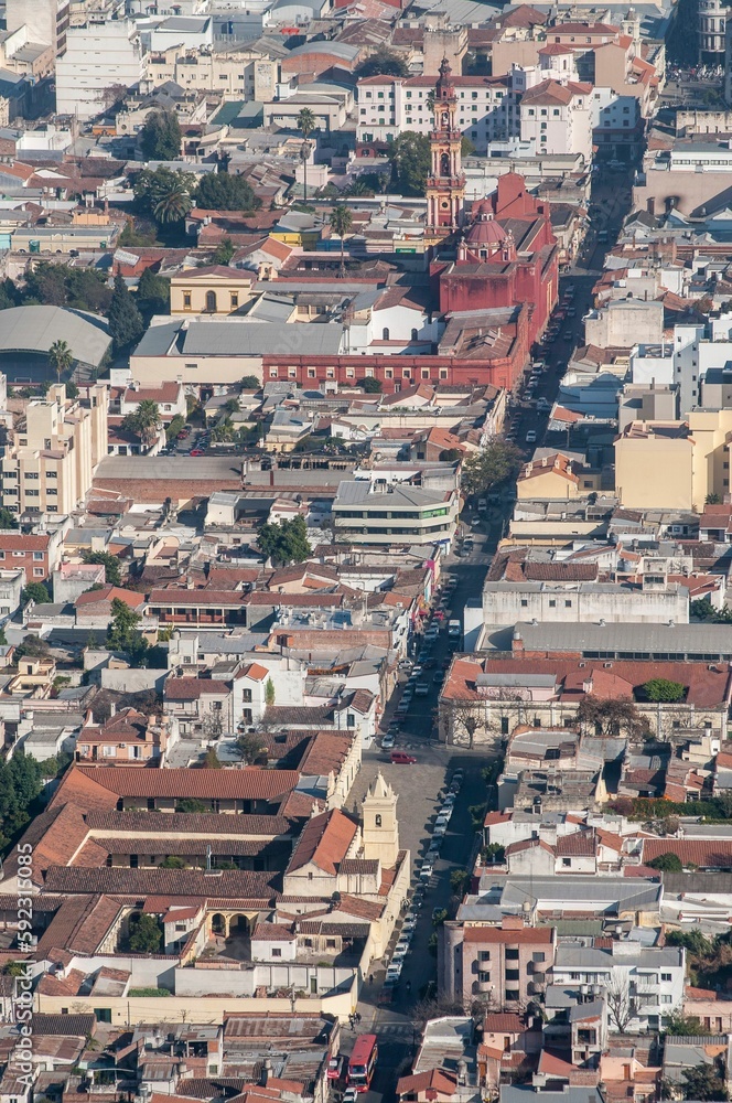 Aerial drone view of Salta City and the Basilica of San Francisco