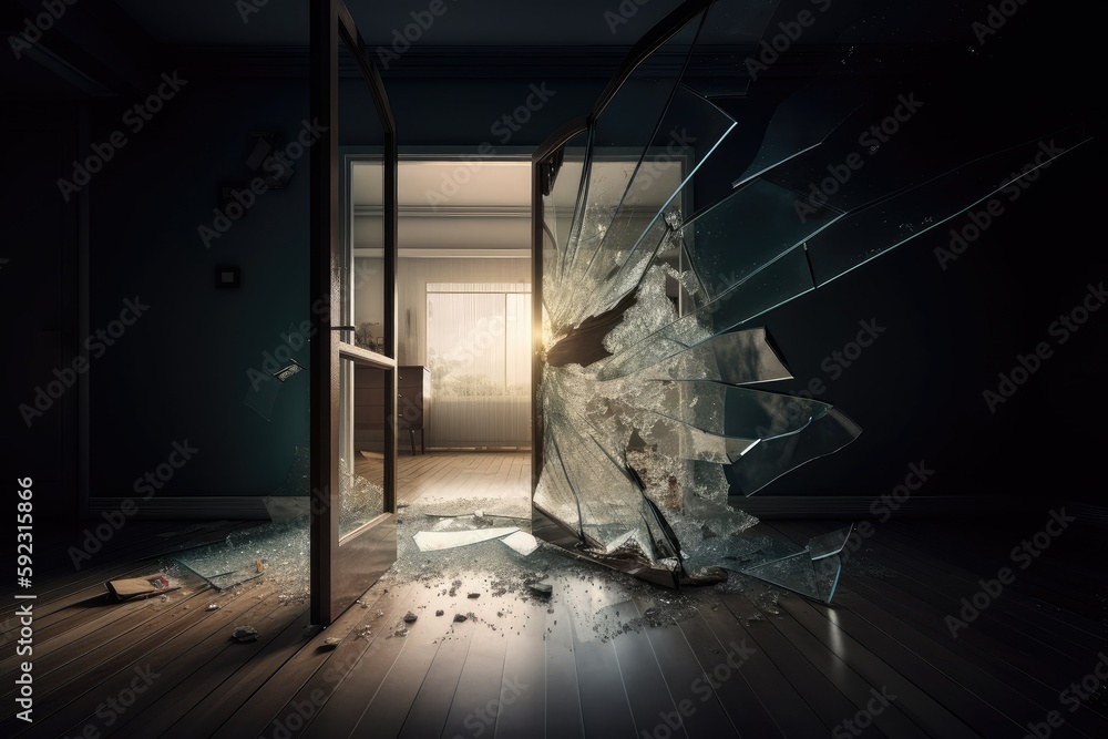 crack in glass door, leading to dramatic reveal of the room beyond, created with generative ai - obrazy, fototapety, plakaty 
