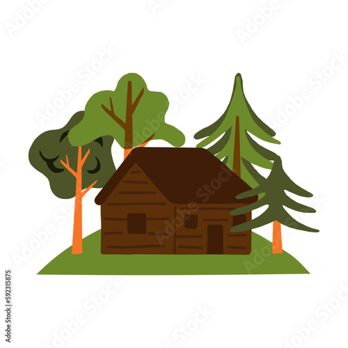 A country house surrounded by trees, pines, and spruces. Rural scene of a forester cottage, farmhouse in the woods.