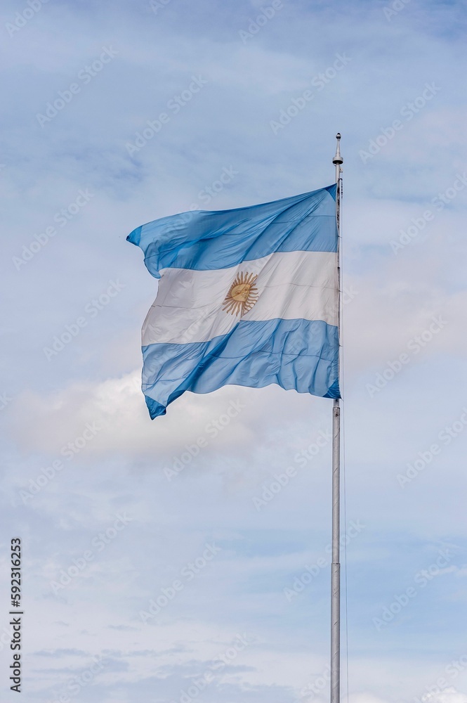 Vertical shot of the National flag of Argentina waving on blue and white sky background Vertical shot of the National flag of Argentina waving on blue and white sky background