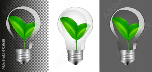 Realistic glass transparent electric light bulb with e27 metal socket, green plant inside. Green clean energy concept and earth day concept, love for nature and your home. Vector