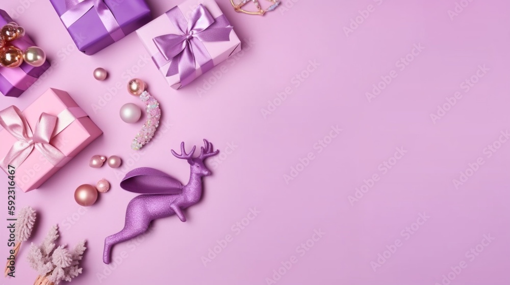 クリスマスのコンセプト。紫色のギフトボックスとリボンの写真、ピンクとバイオレットの飾り、トナカイの飾り、紙吹雪、パステルピンクの背景GenerativeAI