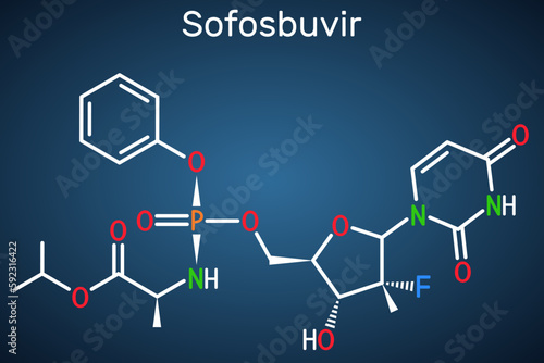 Sofosbuvir molecule. It is antiviral drug, used to treat  hepatitis C virus, HCV infections. Structural chemical formula on the dark blue background.